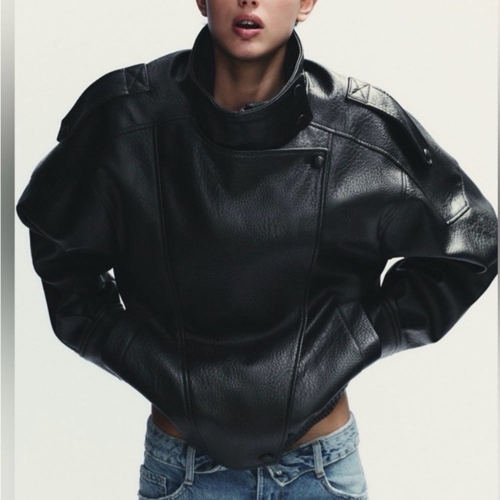 Zara High-Collar Black Leather Jacket (viral and on trend)